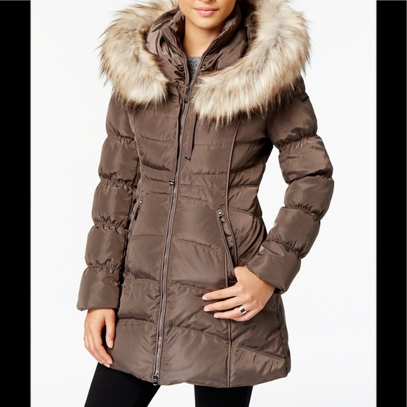 Laundry By Shelli Segal Jackets & Blazers - Laundry by Shelli Segal Down Fur Hood Puffer taupe